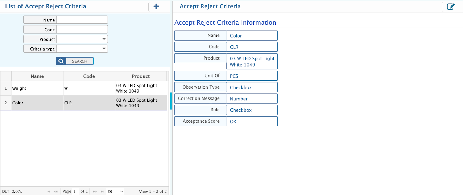 List of Accept Reject Criteria